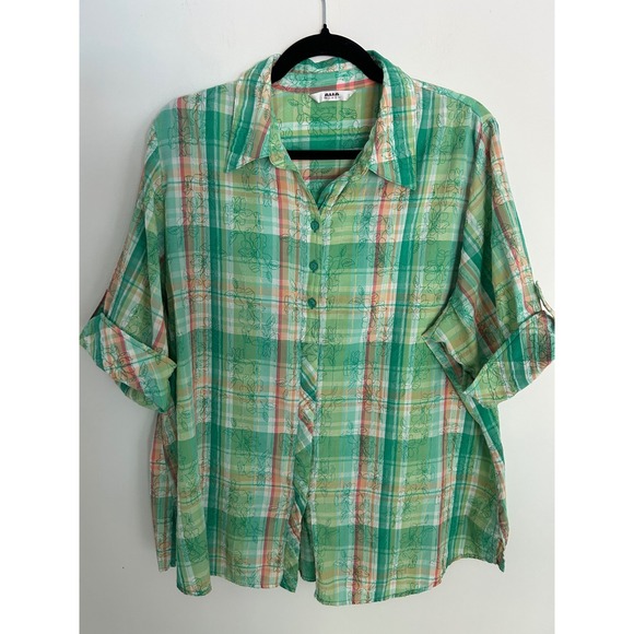 Alia Women Tops - Alia Women Green Plaid Floral Button Up Shirt Short Sleeve Tab Textured Top